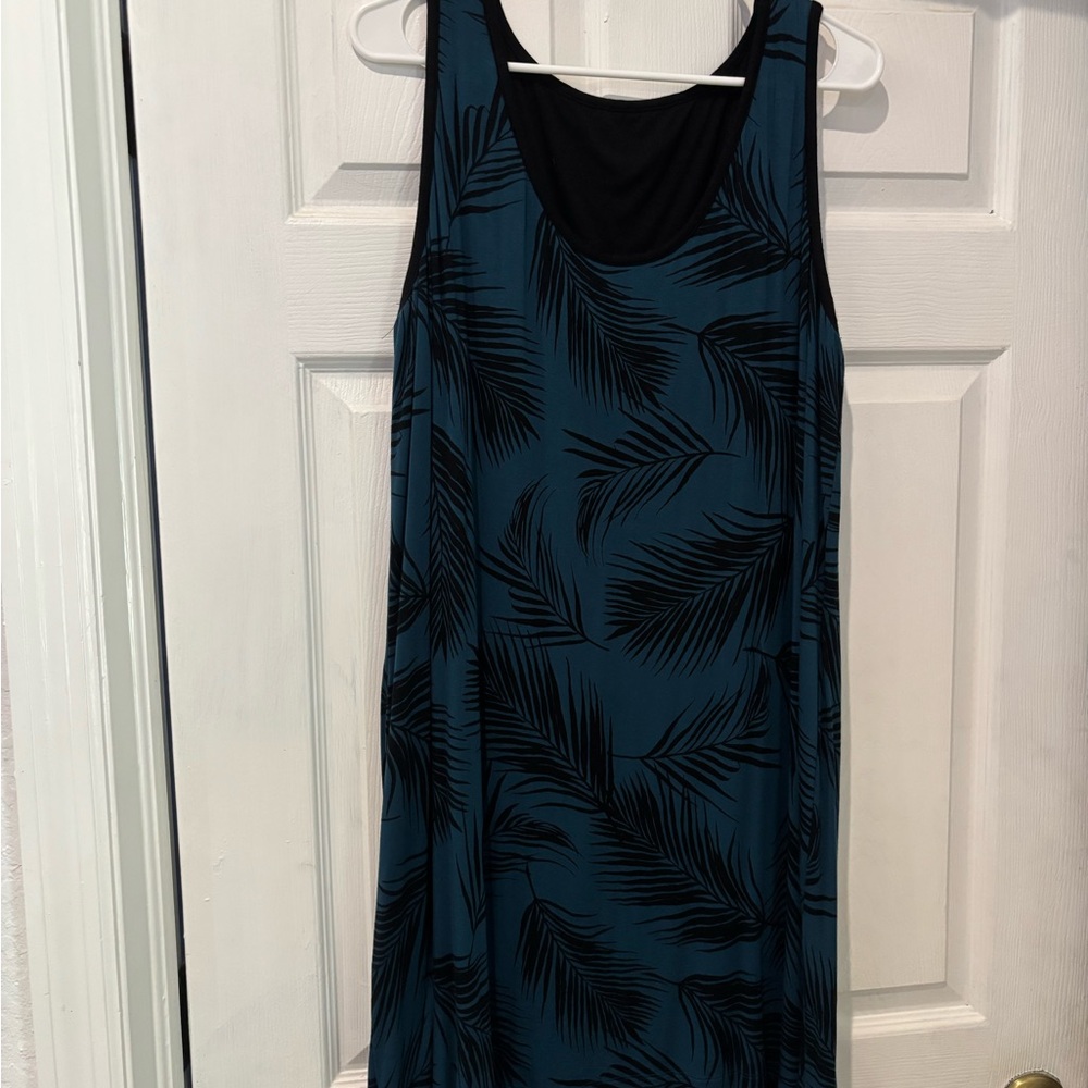 Teal and Black Leaf Print Dress Reversable
